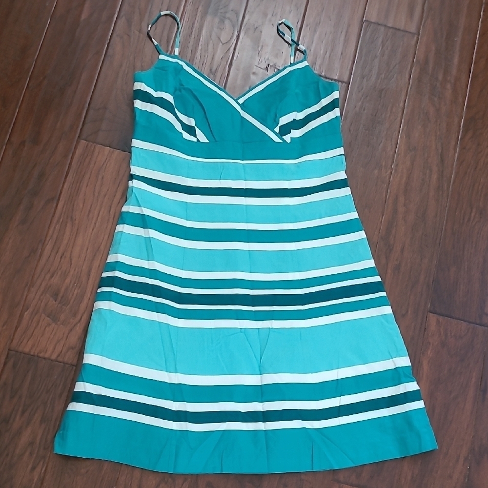 Ann Taylor Teal & White Striped Dress with Spaghetti Straps size 12